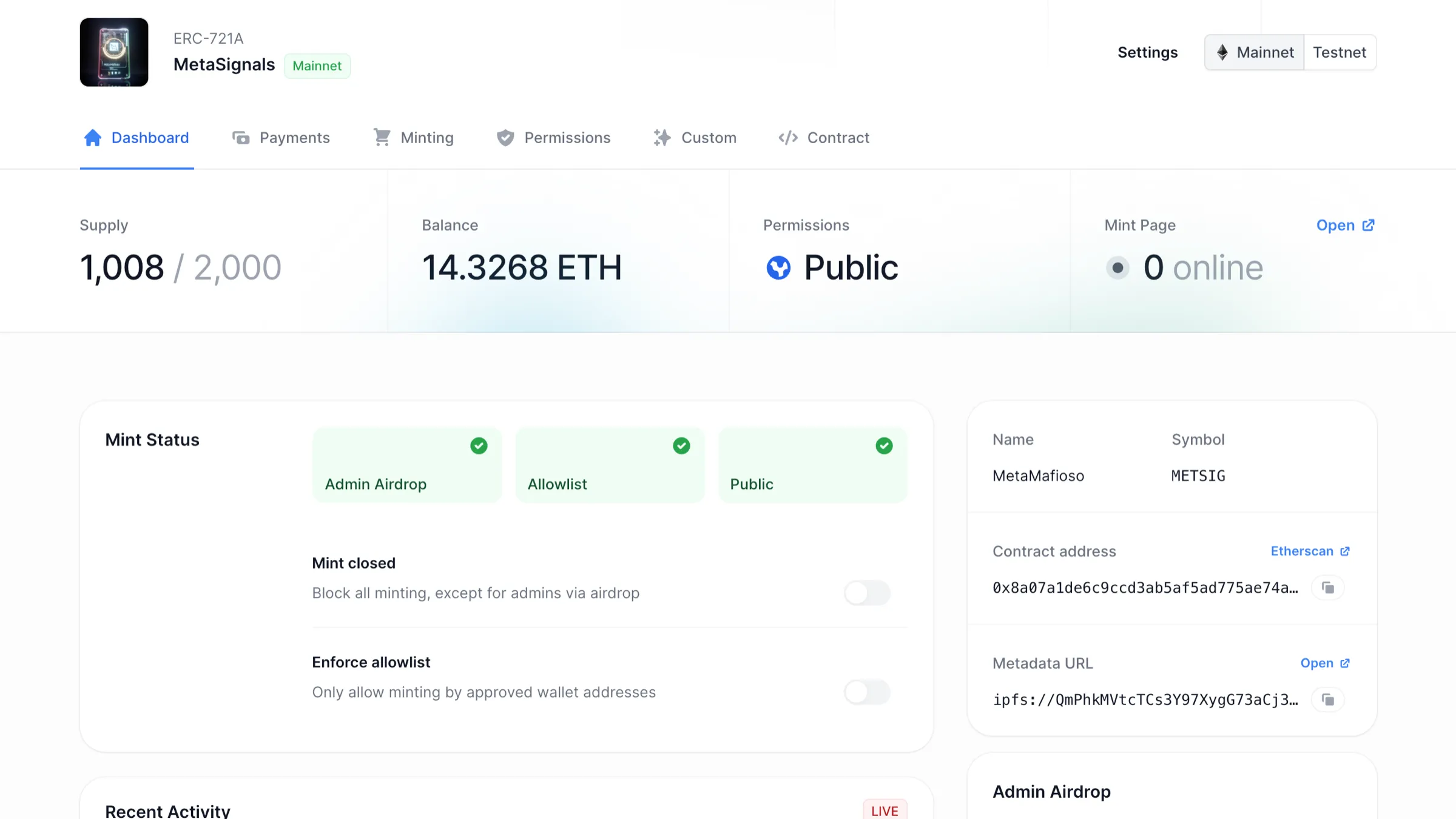 The NFT-Inator collection dashboard with supply, balance, permissions and mint stages