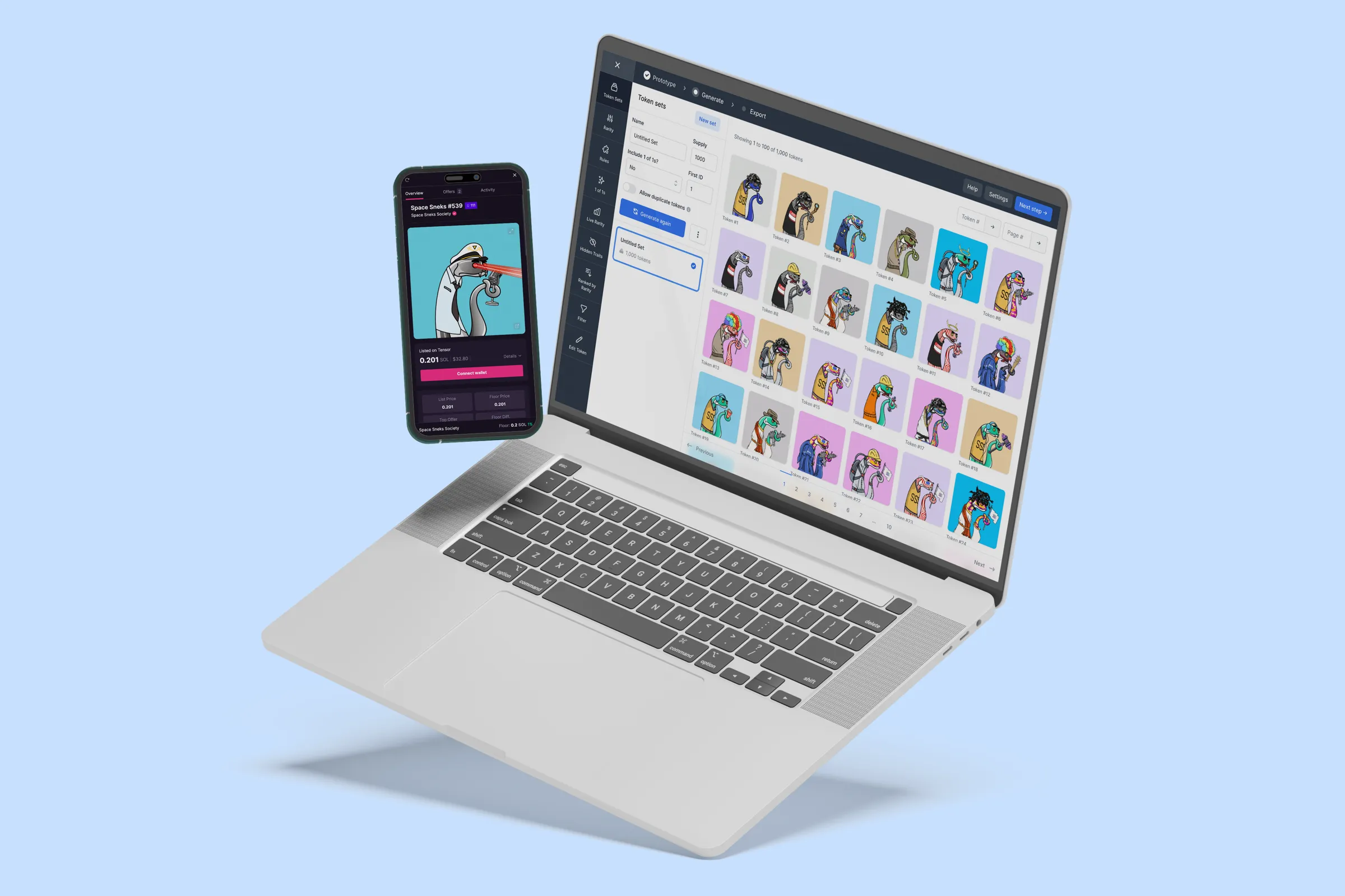 NFT-Inator's generator on a laptop and a collection listing on a phone