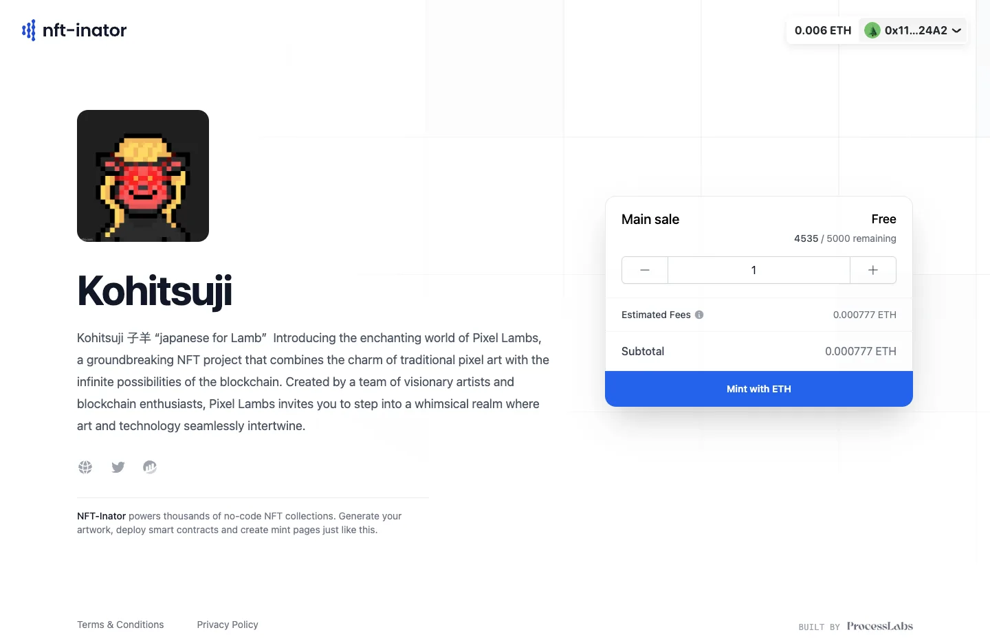 A hosted NFT-Inator mint page with its main sale card