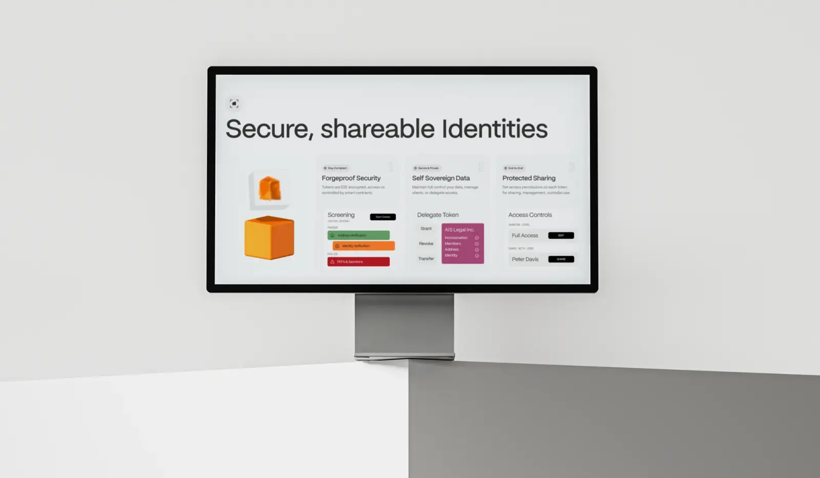 ForgeProof's Secure, shareable identities section on a studio display, with feature columns for security, self-sovereign data and protected sharing.