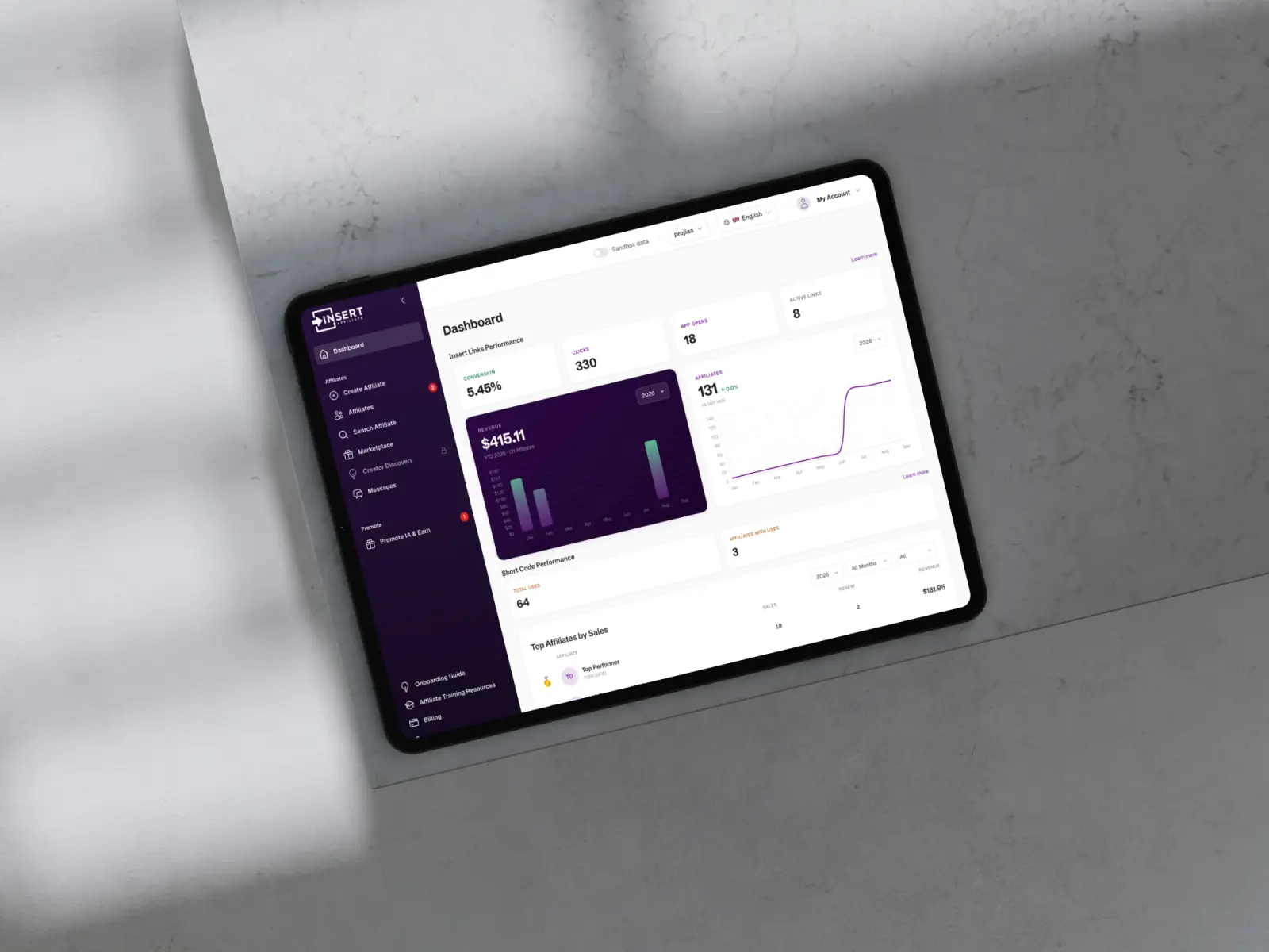 The Insert Affiliate dashboard on a tablet, with revenue, affiliates, clicks and conversion for one app's programme.