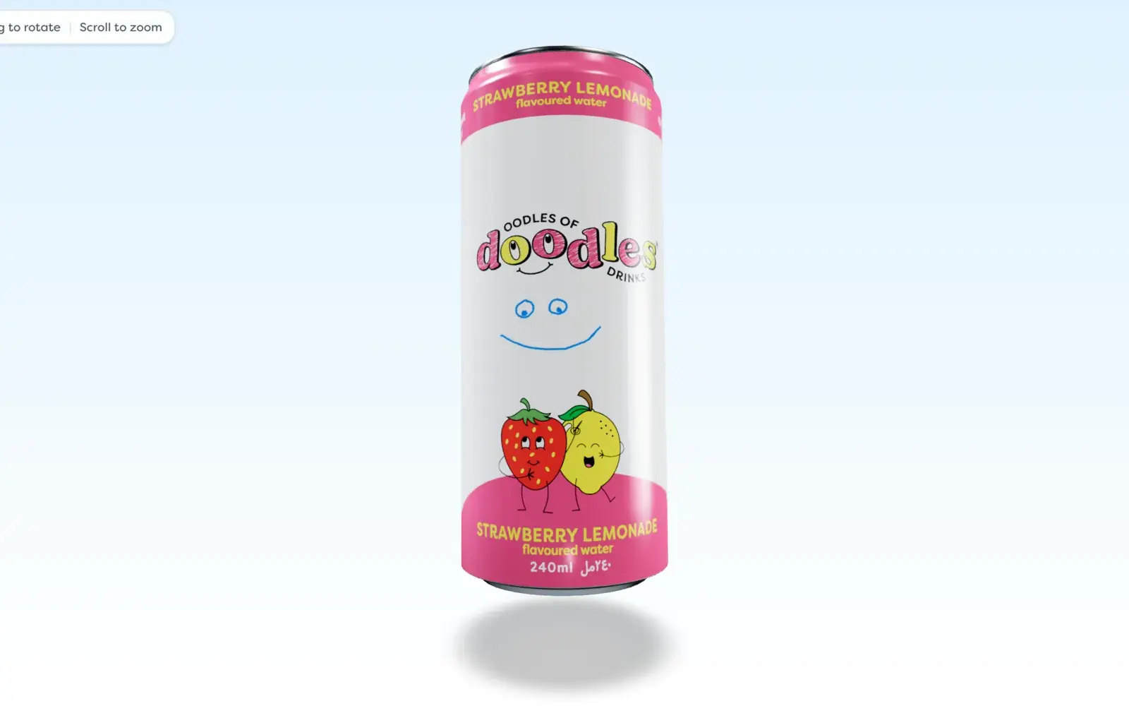 A doodled strawberry lemonade can turning in 3D