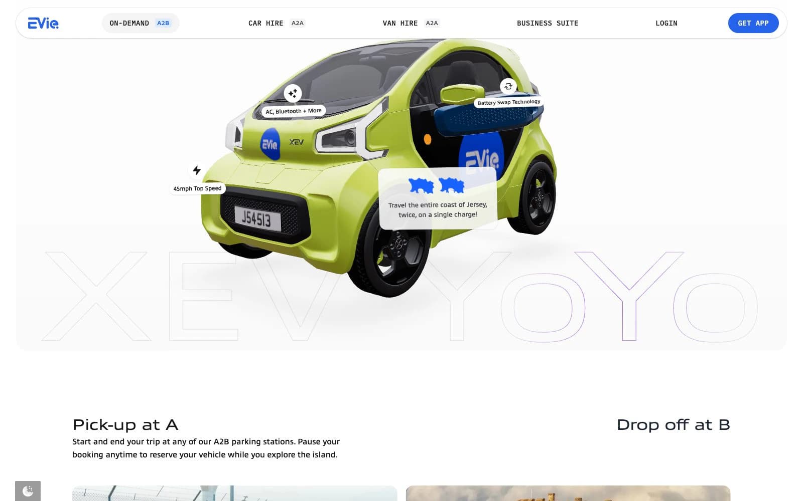EVie's 3D two-seater, with its range and top speed labelled