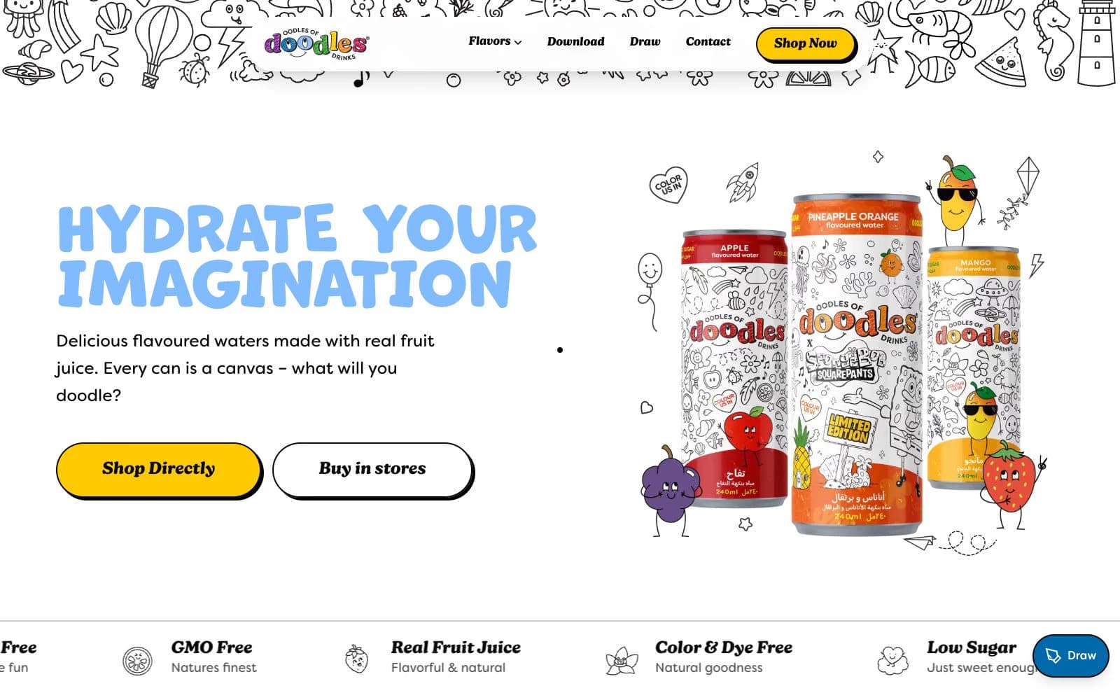 The Oodles of Doodles homepage: three colour-in cans with fruit characters beside the line Hydrate your imagination, and buttons to shop directly or buy in stores.